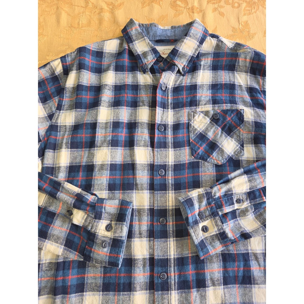 Weatherproof Vintage Mens Large Blue Plaid Flannel Button Down Shirt Cotton L/G